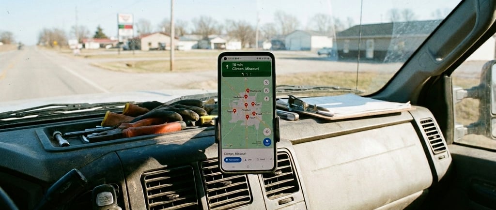 Service truck dashboard with smartphone displaying Google Maps search pins for local businesses in C