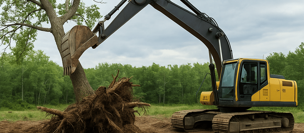Excavator using the weight of a standing tree to pull its stump and roots from the ground