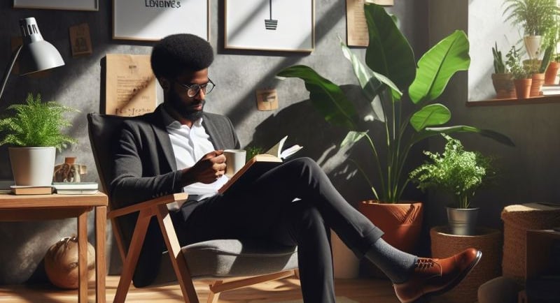 a man sitting in a chair reading a book