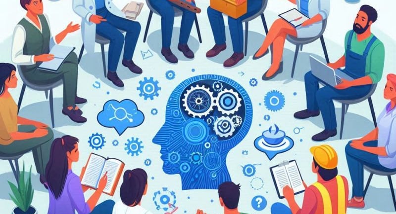 a group of people sitting around a table with a person in a circle