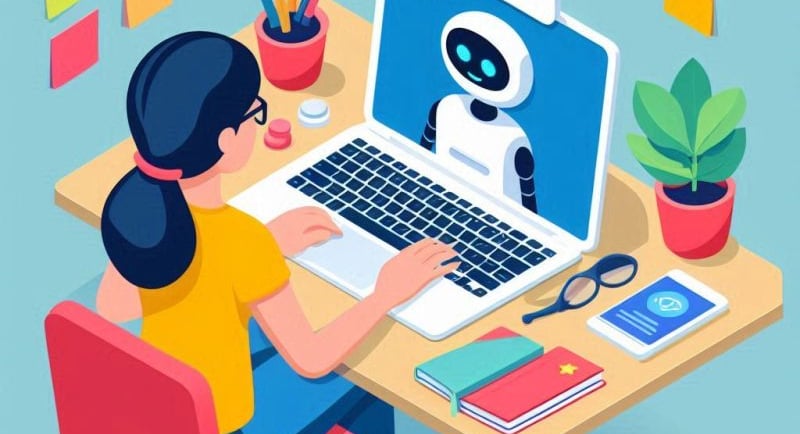 a woman sitting at a desk with a robot