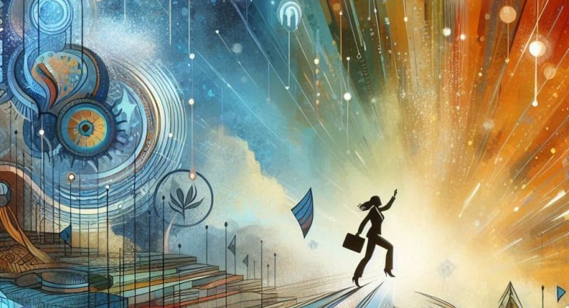 a woman is walking on a colorful painting