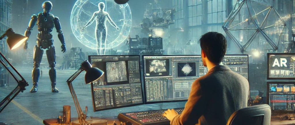 a man sitting at a desk with a computer monitor and a robot