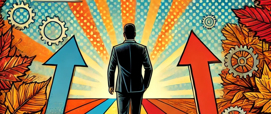 a man in a suit and tie standing in front of a colorful poster