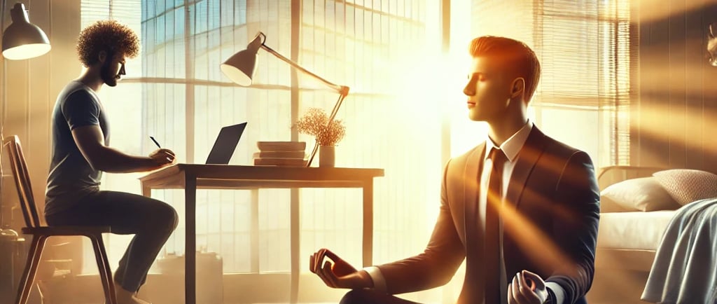 a man sitting on a yoga mat with a laptop and a clock