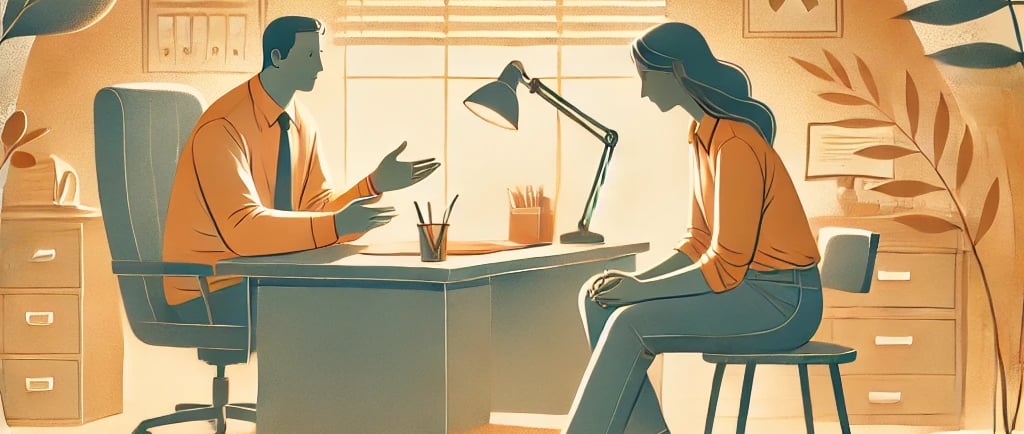 a man and woman sitting at a desk with a hand holding a tablet