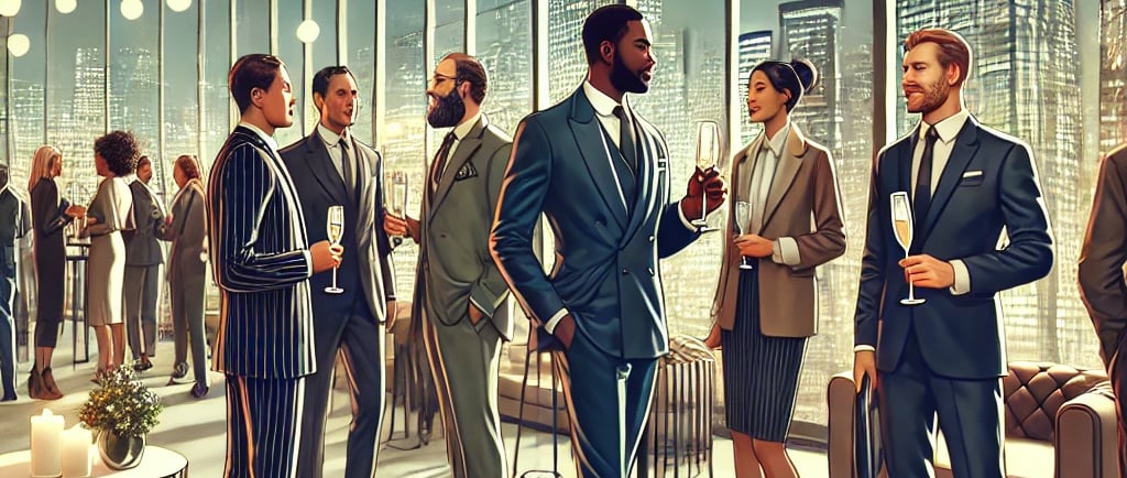 a group of business people standing in a large room