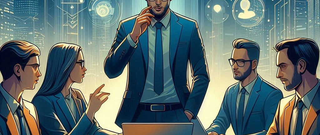 a man in a suit and tie is standing in front of a table with a
