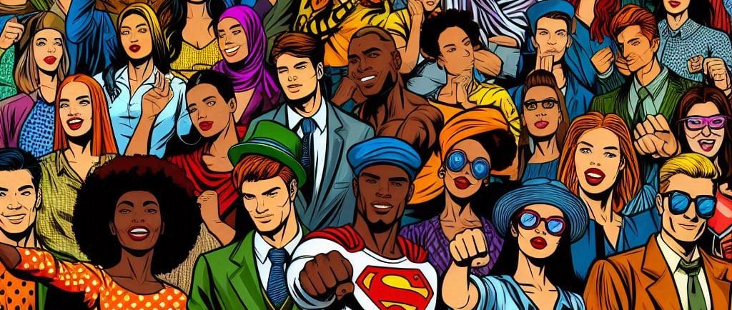 a crowd of people with different expressions on a colorful background