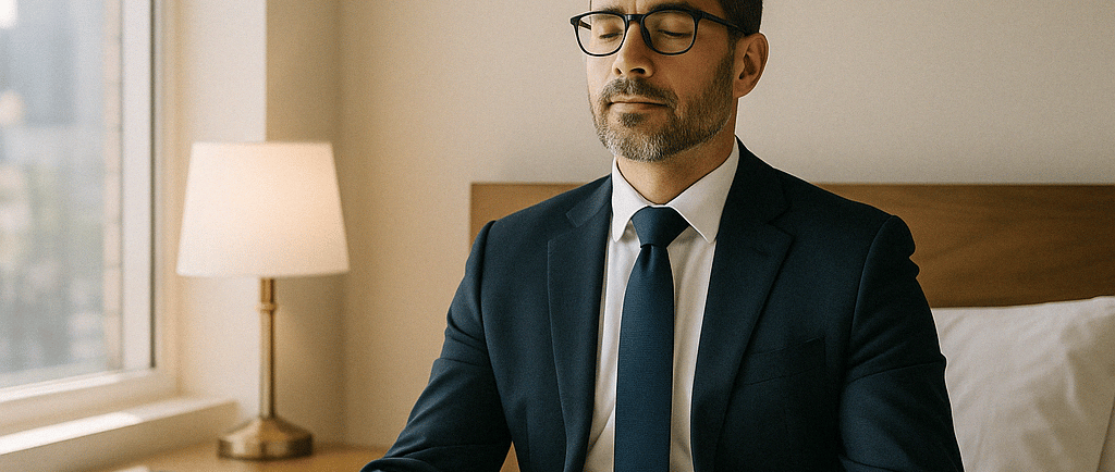 a man in a suit and tie sitting on a bed