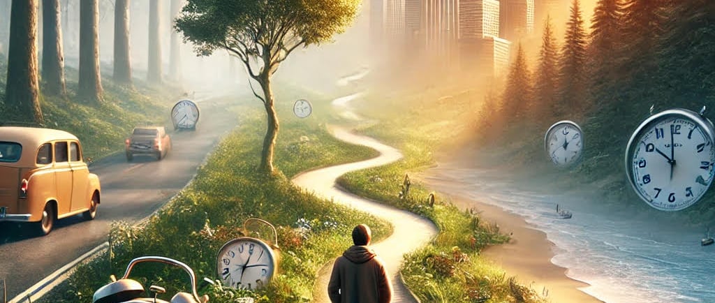 a man walking down a path with clocks and clocks
