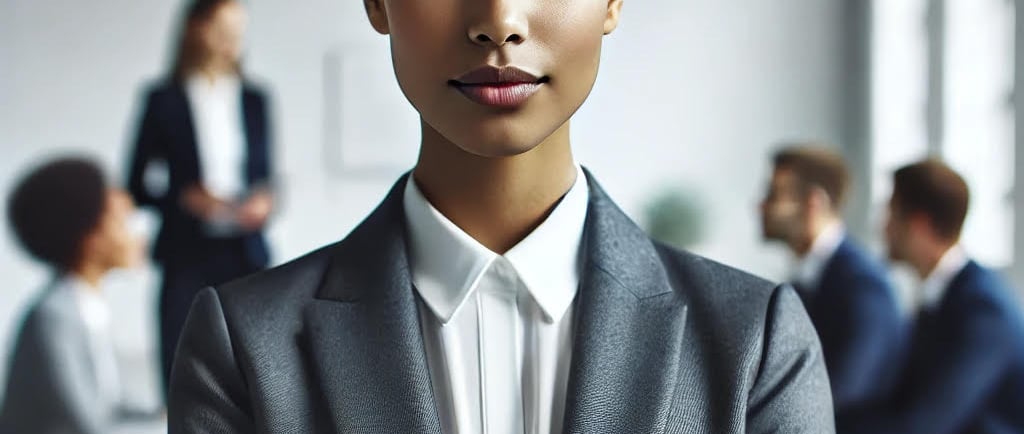 a woman in a suit and tie is standing in front of a group of people