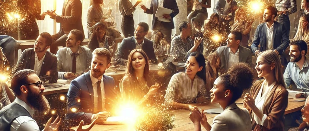 a group of people sitting at a table with sparklers