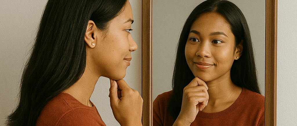 a woman looking at herself in the mirror