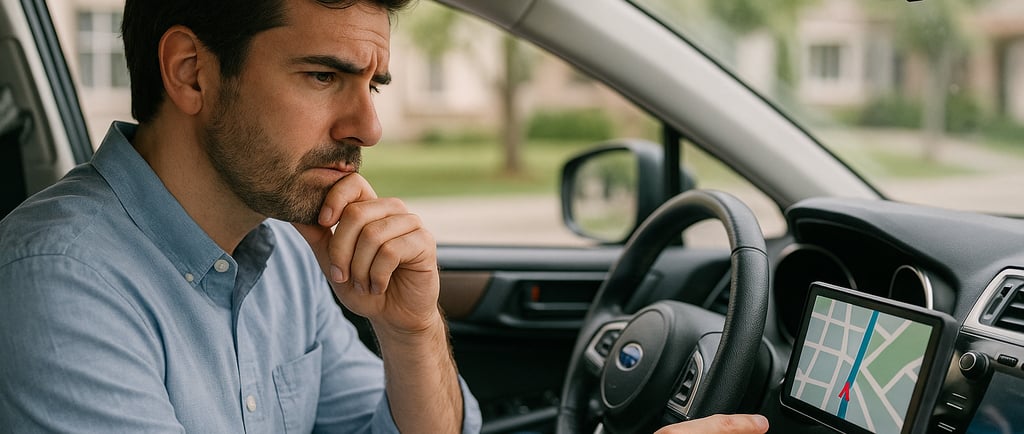 a man in a blue shirt is sitting in a car