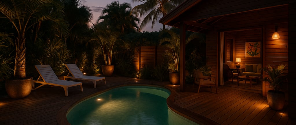 Éco-lodge de luxe dans les Caraïbes avec piscine à débordement, vue mer, plage de sable blanc et jardin tropical – concept hô