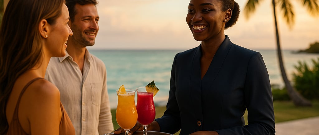 Ambassadrice hôtelière indienne accueillant un couple avec un cocktail tropical face à la mer des Caraïbes dans un rituel sig