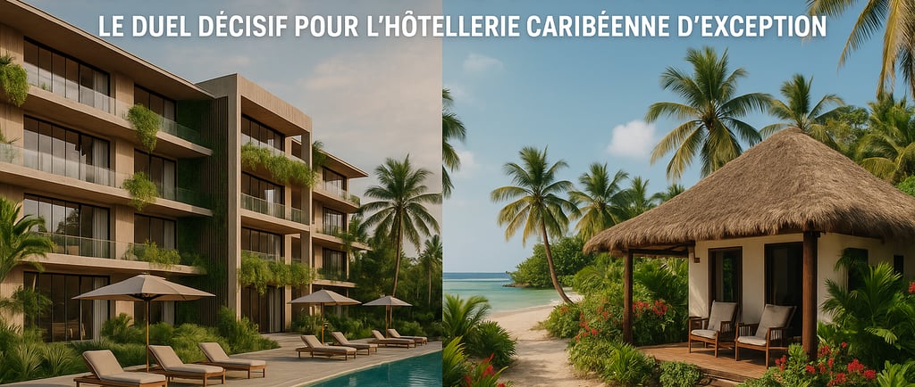 Comparaison visuelle d’un hôtel durable à gauche et d’un hôtel authentique à droite, illustrant le duel entre durabilité et a