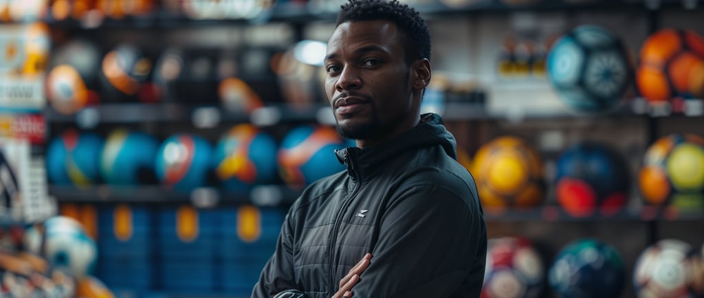 Black man in front of a wall of sports equipment