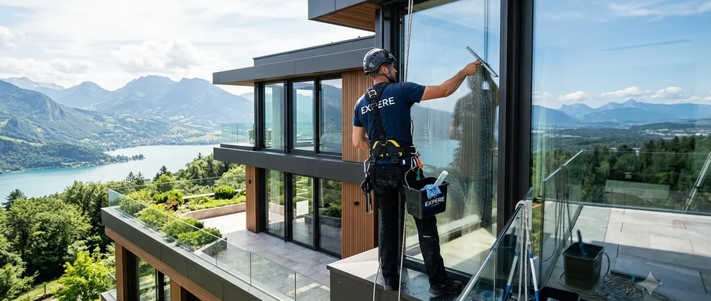 Technicien effectuant le nettoyage de vitres en hauteur dans le Pays de Gex.