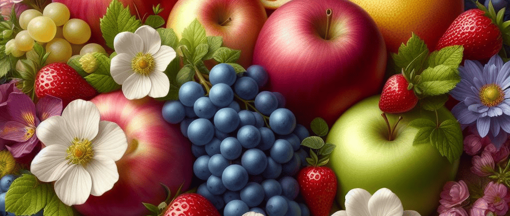 Cultured dextrose, fruits, apples, grapes, strawberries and flowers 