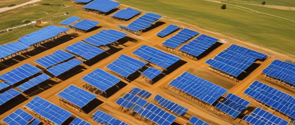 Aerial view of a large solar panel farm