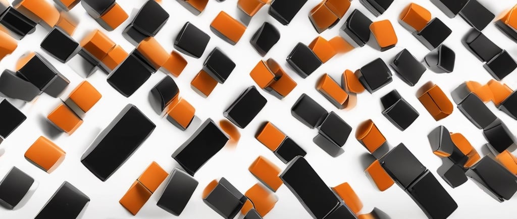 Abstract shapes arranged on clear, angled shelves.