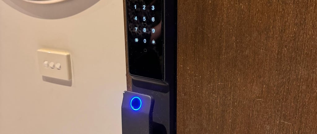 IPM016 smart lock installed on timber door in Wantirna South showing touchscreen keypad and Face ID