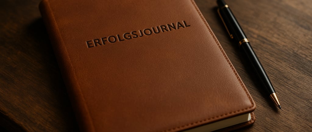 Stillleben mit Erfolgsjournal, edlem Füller und Kristallen auf einem Holzschreibtisch – Symbol für F