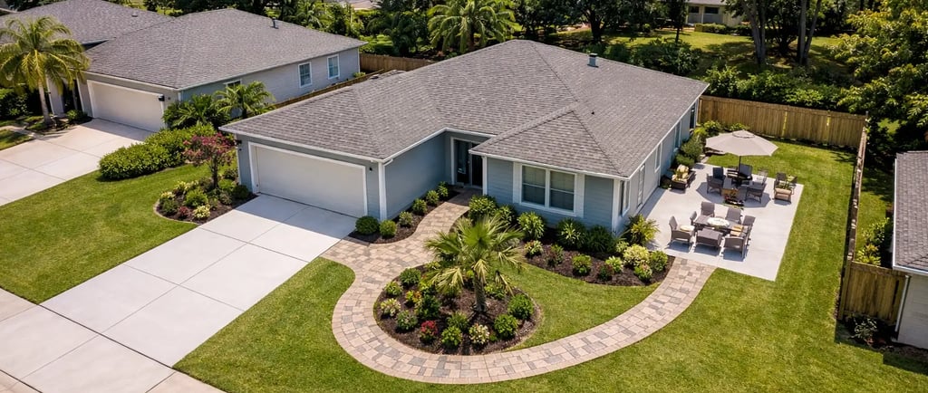 Aerial shot of Apopka, FL Residential community showing a concrete driveway, stamped walkway and a clean patio