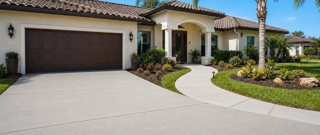 a modern Florida home featuring a beautifully upgraded broom-finished concrete driveway and curved walkway.