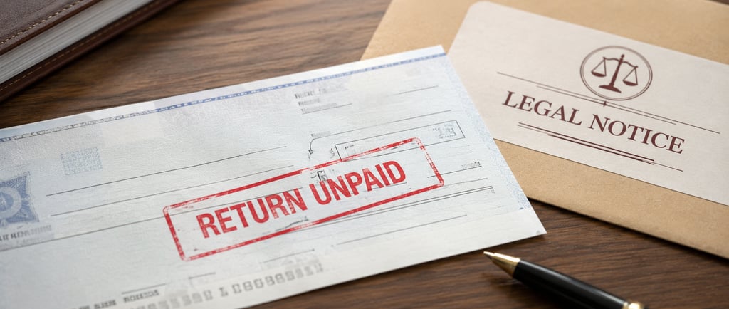 Close-up of a dishonoured bank cheque stamped "Return Unpaid" beside a legal notice envelope and pen
