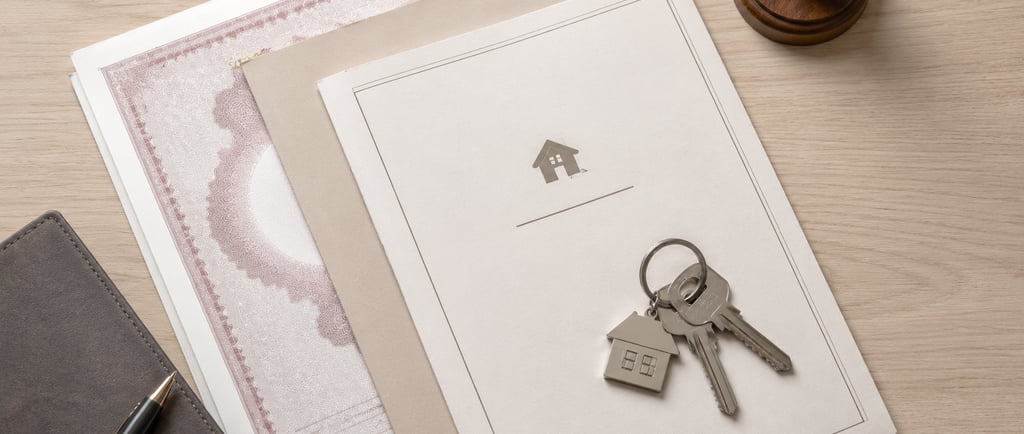 Top-down flat lay of property sale deed documents, stamp paper, and house keys on a light wooden sur