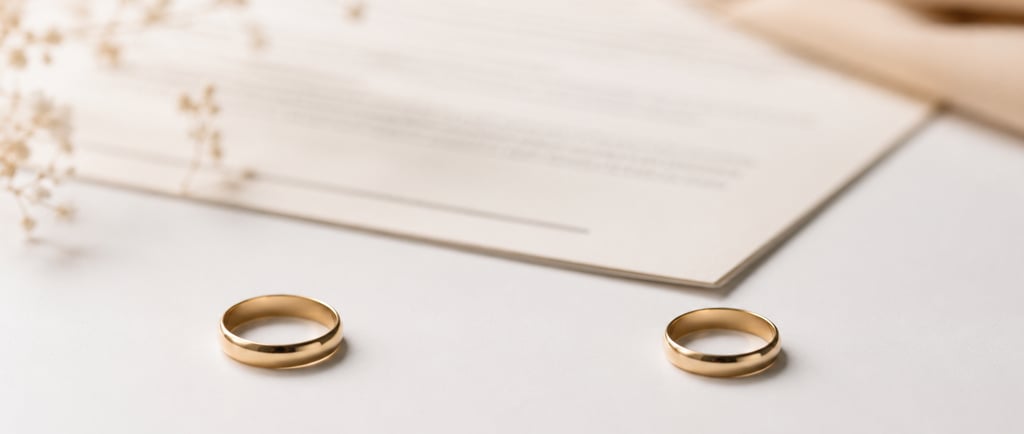 Two wedding rings placed apart on a clean white surface with a softly blurred legal document in the