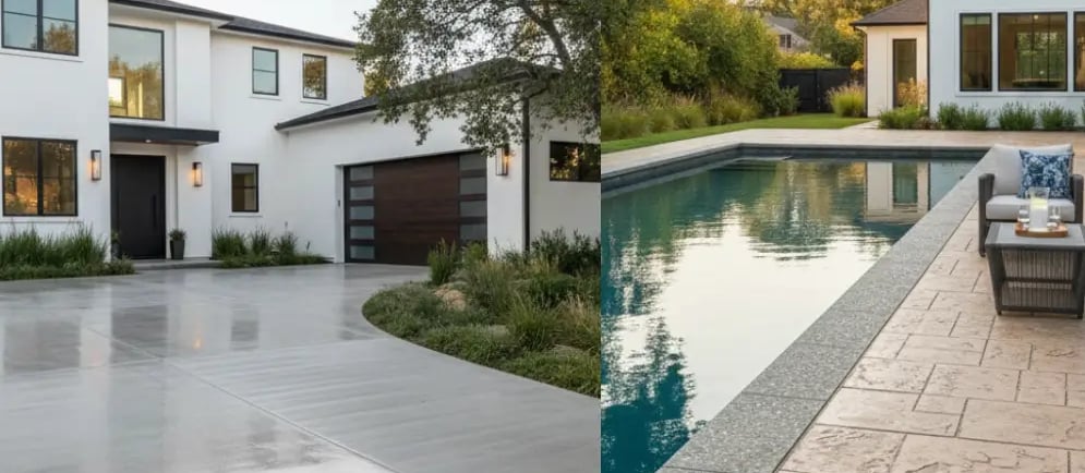 A modern pool deck and driveway with different concrete finish in Davis, CA
