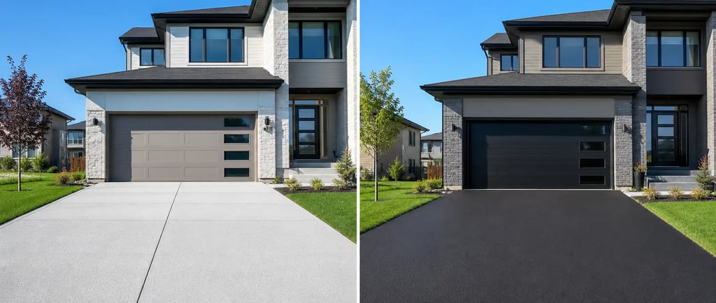 side-by-side comparison of a newly poured concrete driveway on the left and a freshly paved asphalt driveway on the right,