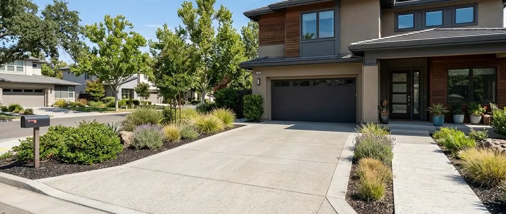 Concrete driveway at a home in Davis, CA during summer
