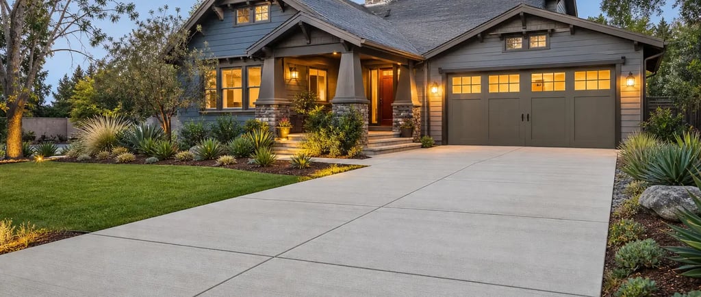 Professional two-car broom finish concrete driveway with clean expansion joints in Davis, CA
