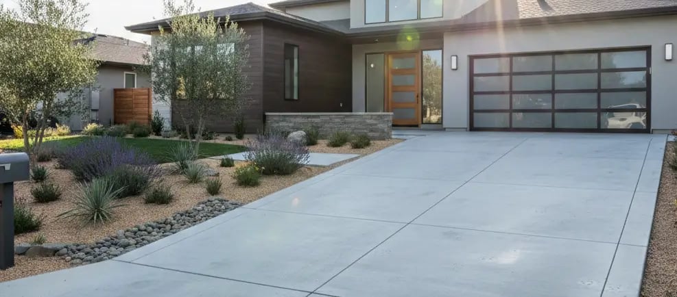 A modern suburban home in Davis, California with a newly installed smooth concrete driveway