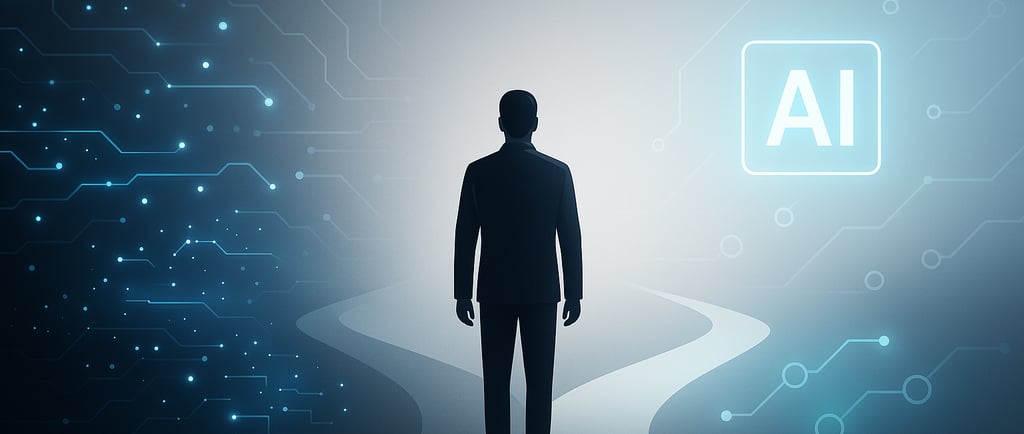 Silhouette of a man walking on a path toward an AI icon, symbolizing business transformation through artificial intelligence.