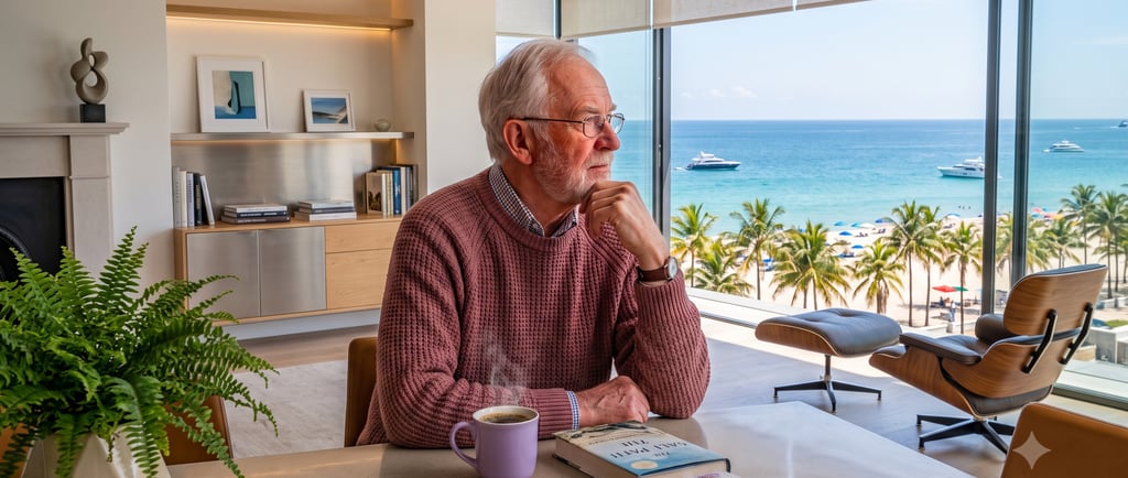  image of a elder gentelmen, in the modern apartment with the view of the ocean and palm trees 