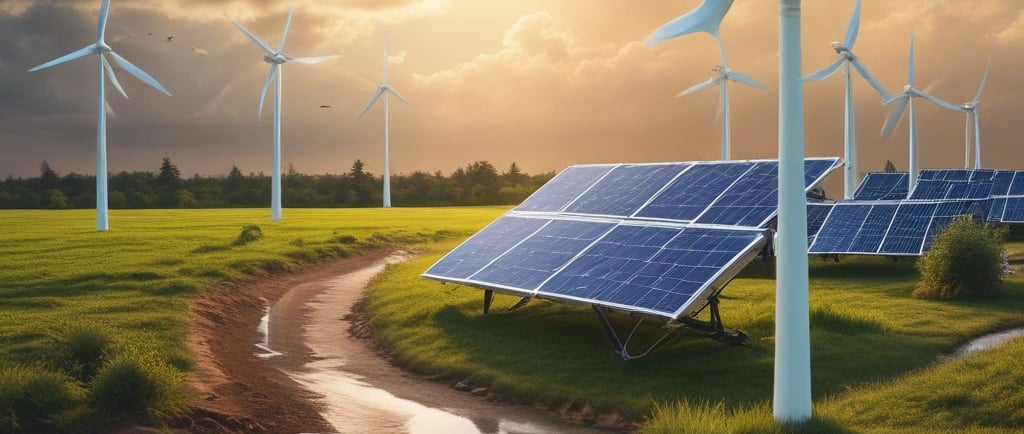 a field with wind turbines and solar panels