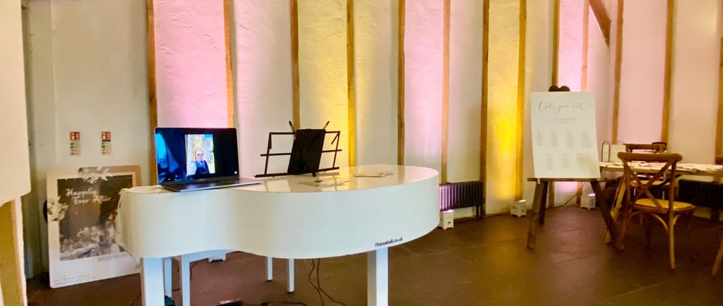 White Portable Piano | Piano Shell Wedding Pianist Kimbridge Barn Hampshire