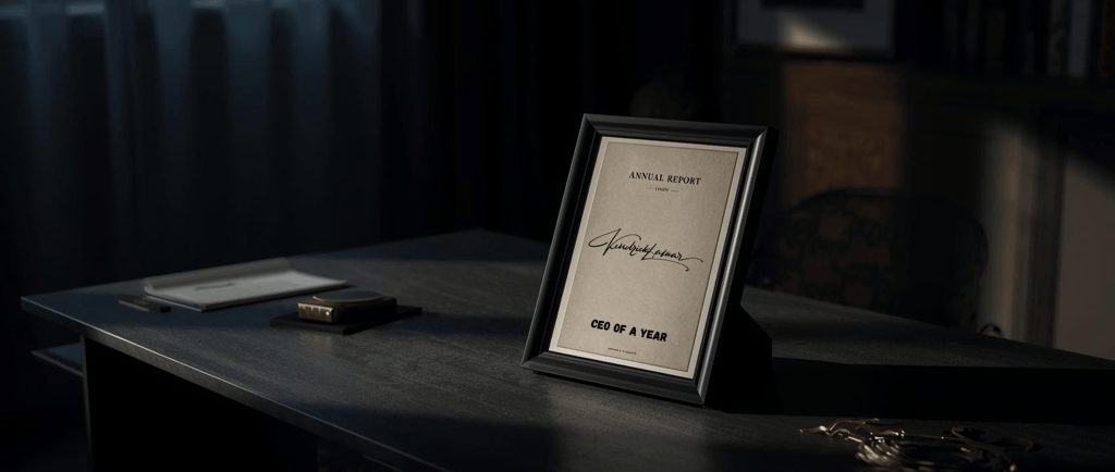A framed CEO of the Year award and annual report sit on a dark executive desk in a professional office.