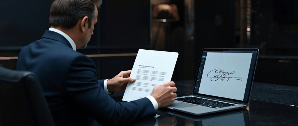 A businessman reviews a document next to a laptop displaying a digital signature for electronic contract signing.