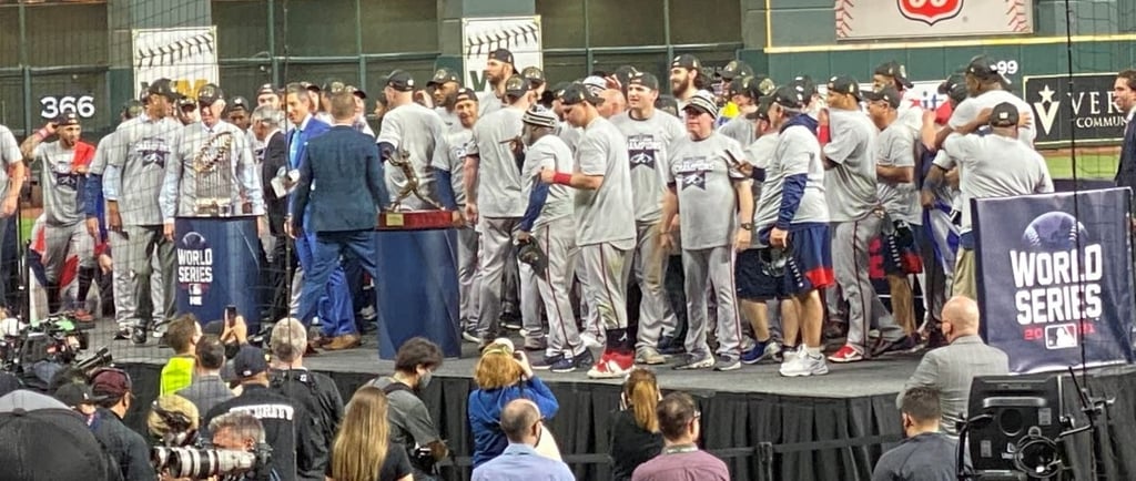 Atlanta Braves players on stage after defeating the Houston Astros on November 2, 2021.