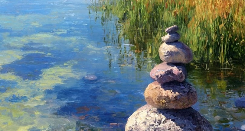 a painting of a stack of rocks in the water