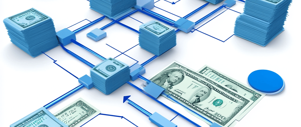 A drawing connecting dollars and stacks of dollars with lines and arrows