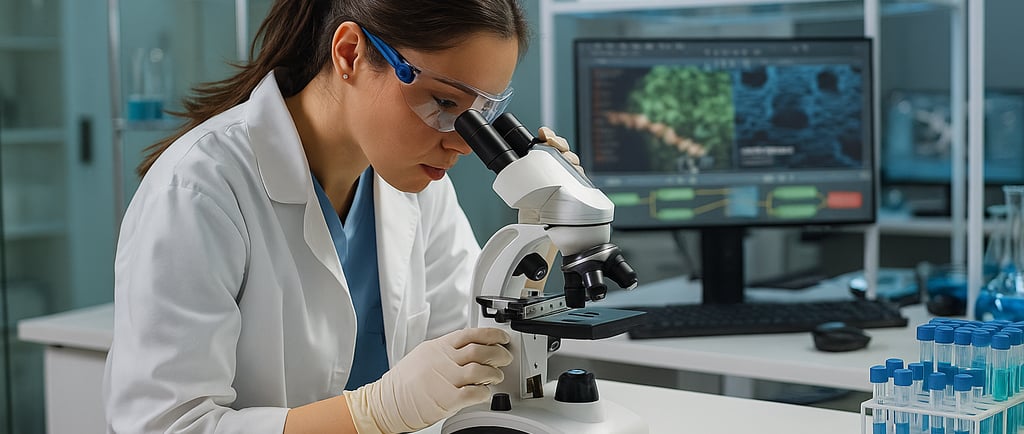 Researcher looking through a microscope.