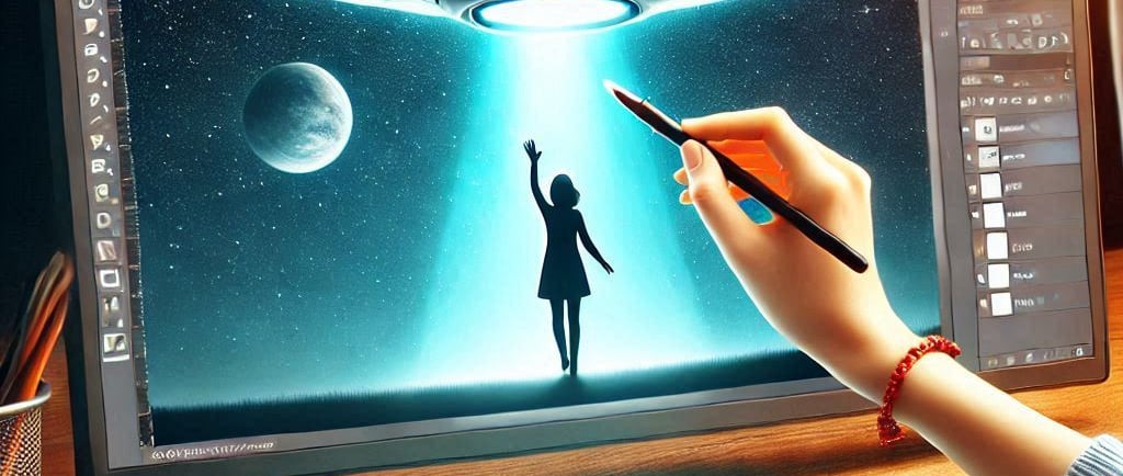 a woman drawing a ufo on a computer screen